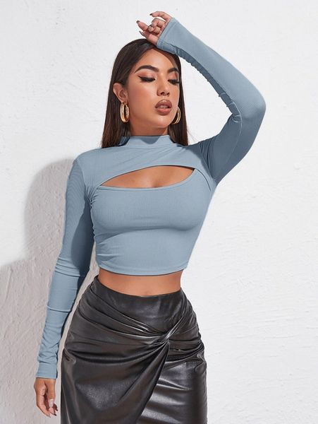 

mock neck cut-out rib-knit slim crop tee h9xc#, White