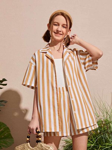 

teen girls striped print blouse & shorts she, White