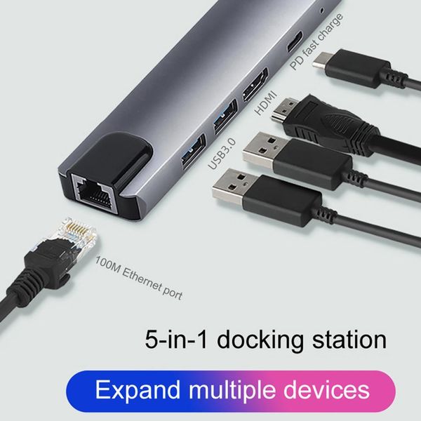 USB3.0 Type C Hub 5in1 Docking Stations 4K HDTV USBC a Gigabit Ethernet RJ45 LAN Multi Splitter Adapter With Power For Macbook Pro 13 15 Air PC Computer Accessories