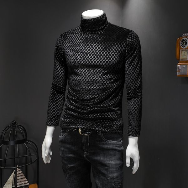 

2023 new men's gold velvet pattern high-neck long-sleeved t-shirt korean fashion trend plaid solid color casual bottoming shirt, White;black