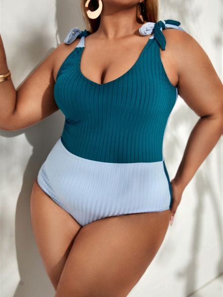 

plus two tone tie shoulder one piece swimsuit s4xx#, White;black