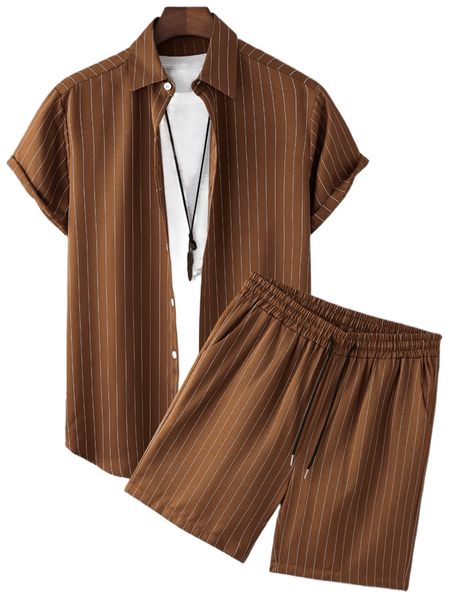 

men vertical striped shirt & drawstring waist shorts without tee r6oy#, Gray