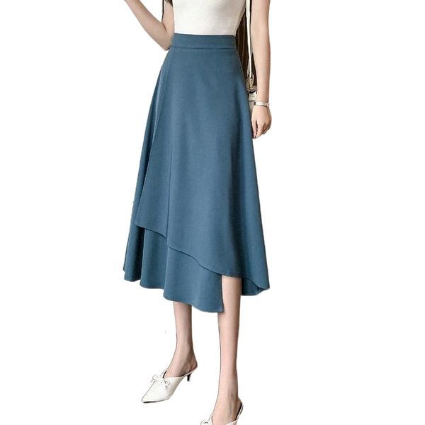 

skirts ailegogo spring summer women solid color mid-calf asymmetrical casual female high waist ladies black skirt g97z#