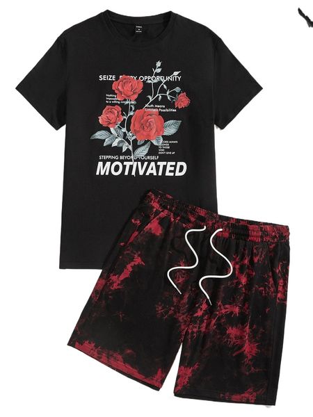 

men floral & slogan graphic tee & drawstring waist tie dye shorts n6f4#, Gray