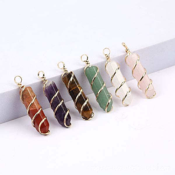 

gold wire wrap natural stone charms green pillar bullet shape chakra pendants for jewelry making wholesale handmade craft bulk, Bronze;silver