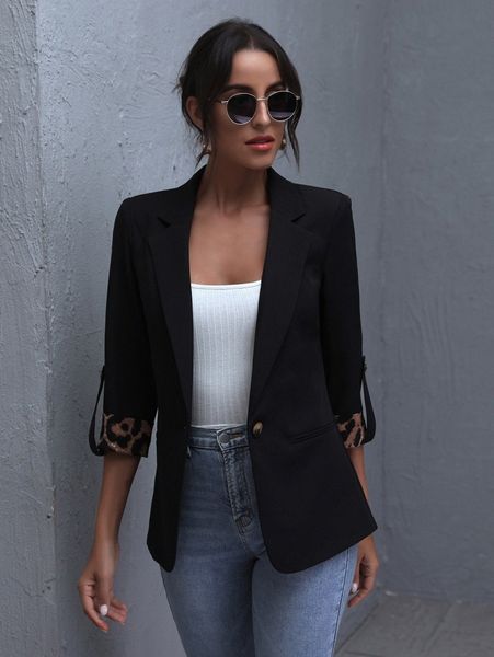 

lapel neck roll up sleeve blazer o1f4#, White