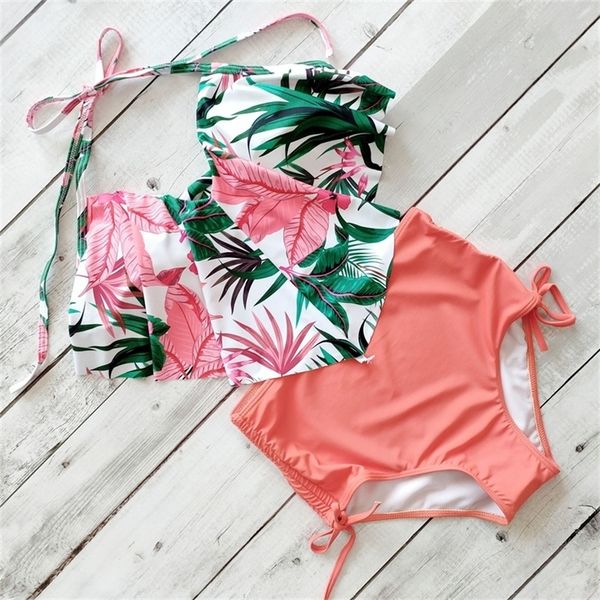 

high waist bikini set vintage retro floral ruffle swimwear women female swim suit plus size monokini female t200508, White;black