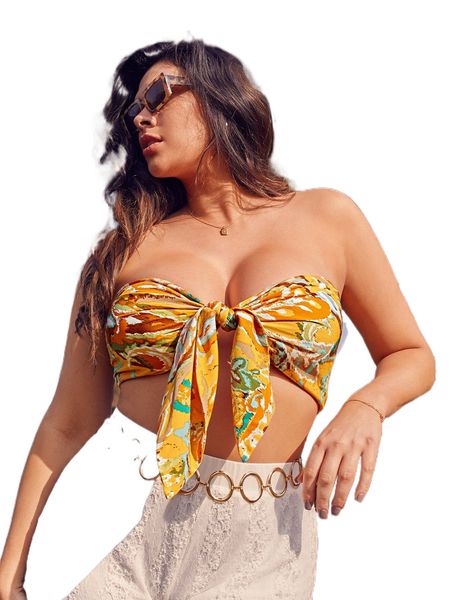 

plus graphic print tie front crop tube a7ns#, Black