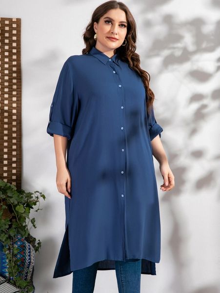 

plus roll tab sleeve button through split high low hem shirt dress t6gp#, Black