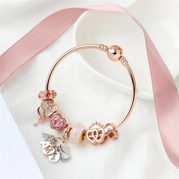 

original pandoras fashion s925 silver rose gold charm beads heart lock bangles women chain letter bracelets jewelry holiday gift b253b, Black