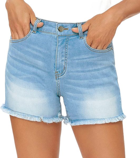 

denim shorts for women hem stretchy frayed casual pockets mid waisted 93be#, White;black