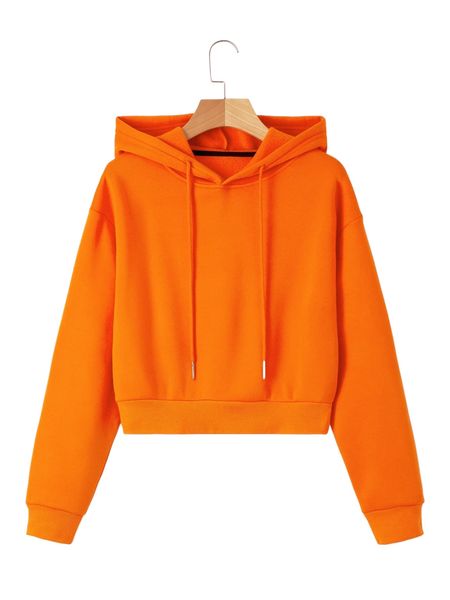 

solid drawstring crop thermal lined hoodie w5bj#, Black