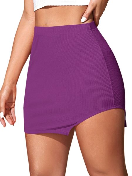 

solid asymmetrical hem mini skirt a5bs#, Black
