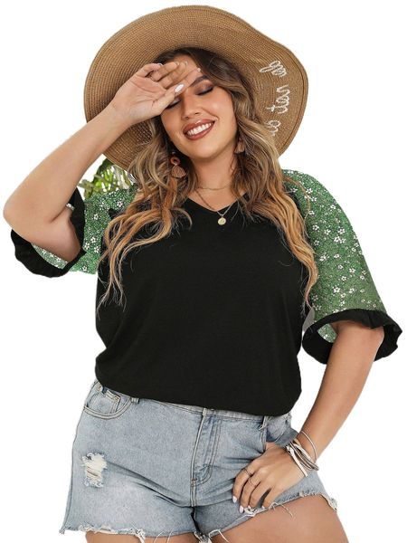 

plus ditsy floral raglan sleeve tee x5ax#, Black