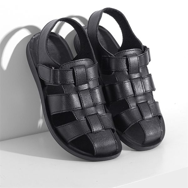 

leather men sandals comfortable lightweight retro summer shoes 220426, Black