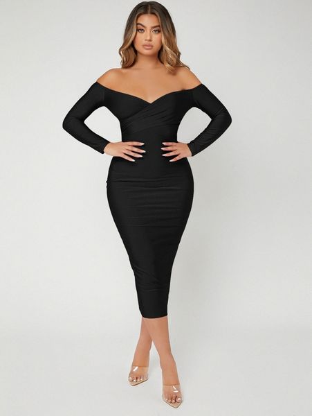 

solid off shoulder bodycon dress r7s2#, Black;gray