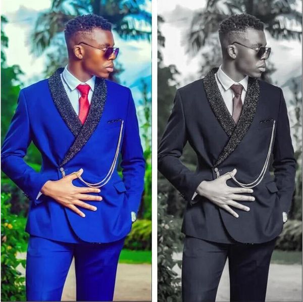 Erkekler Suits Blazers Özel Son Tasarım Moda Kraliyet Mavi Düğün Erkekler Resmi Damat Balo İnce 2 Parçalı Siyah Parlak Lapel Donanma Man Partisi BL