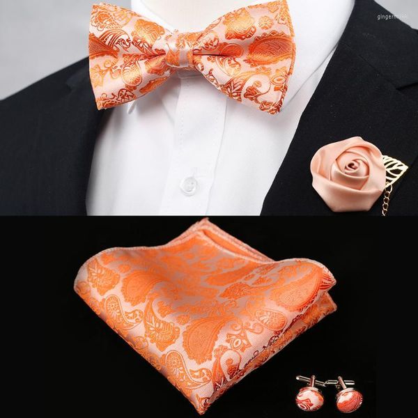 Gravatas Borboleta Casamento Clássico Coral Laranja Tecido Seda Masculino Gravata Borboleta YIZHICAI Paisley Floral Bolso Quadrado Abotoaduras Conjunto Conjunto Laço