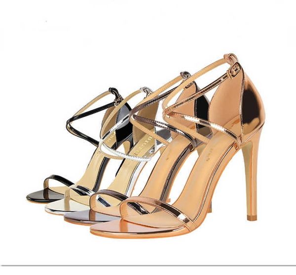 

elling fashion nightclub show women sandals summer 8cm/11cm thin high heeled shoes super hollow cross band classic luxury wedding shoe gold, Black
