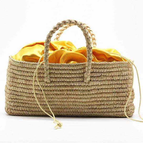 

shopping bags summer straw woven handbags for women hollow basket bags fashion drawstring tote shopper tote ladies quality handle bags 22041