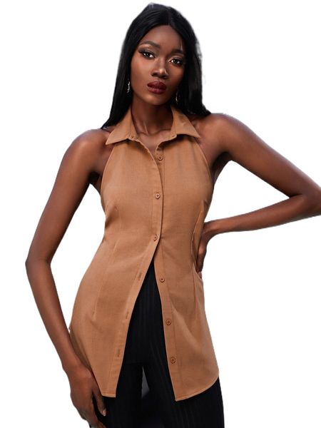 

ruched button front backless blouse 488z#, White