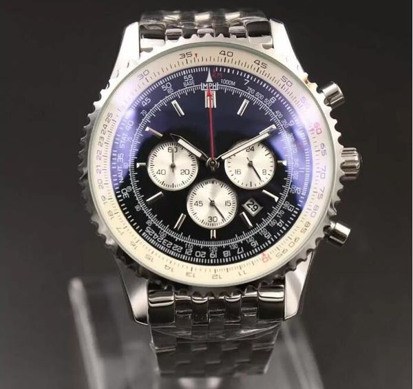

new mens quartz watch chronograph 46mm black dial 316l silver steel sapphire solid strap sports, Slivery;brown