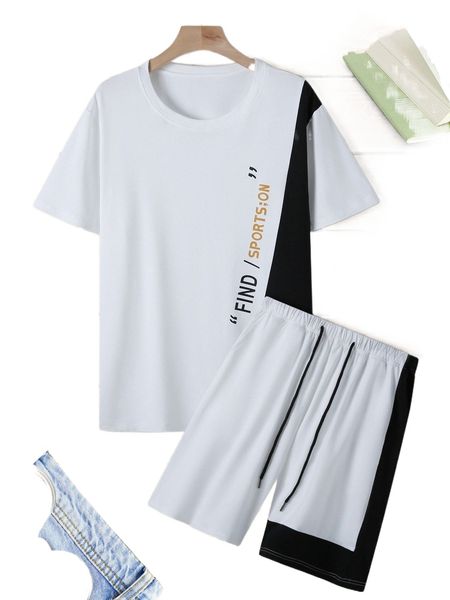 

men colorblock slogan graphic tee & drawstring waist shorts 30go#, Gray