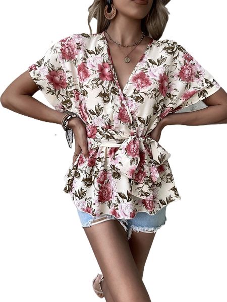 

floral print dolman sleeve overlap collar belted blouse q4ze#, White