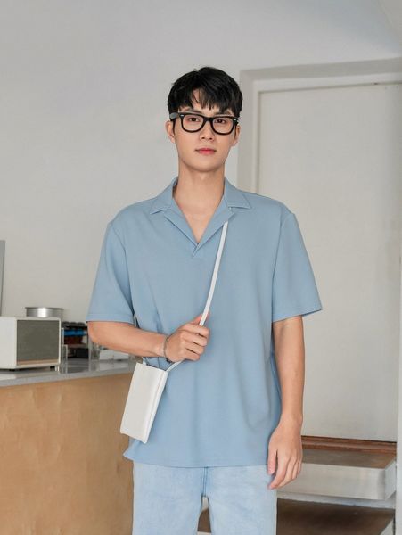 

men solid lapel collar polo shirt c24q#, White;black