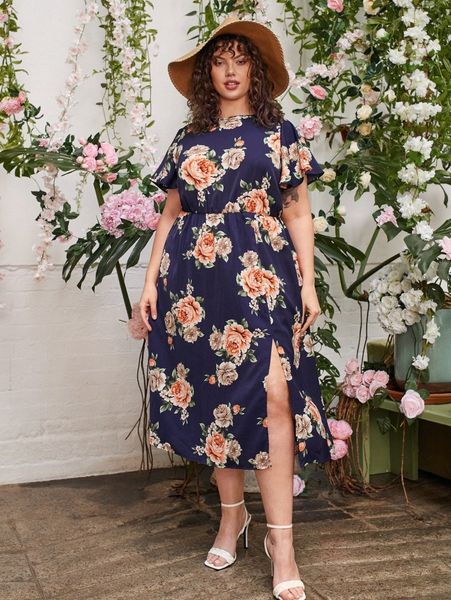 

plus allover floral print butterfly sleeve split hem dress 53ga#, Black