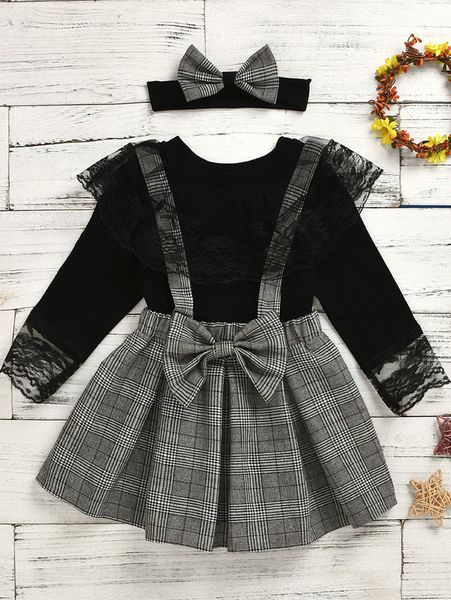 

toddler girls lace panel tee & plaid skirt & headband she, White