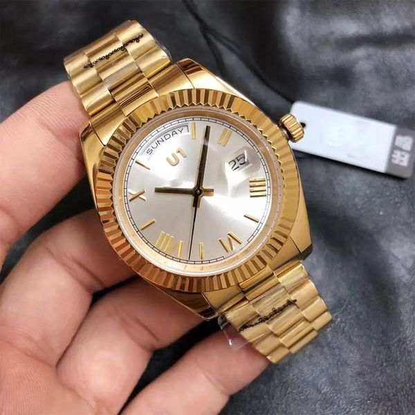 

watch gold roman dial day date automatic movement 40mm men watch watches 904l stainless steel bracelet mens 118238 wristwatches, Slivery;brown