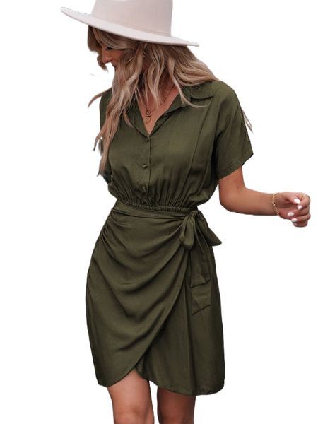 

button front wrap tie side dress y30e#, Black;gray