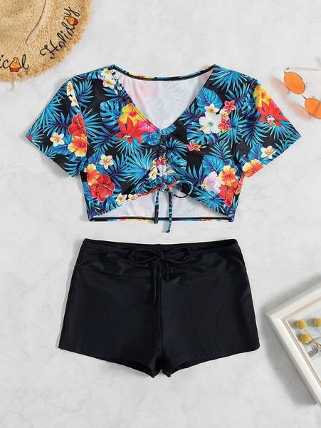 

tropical print drawstring bikini swimsuit d752#, White;black