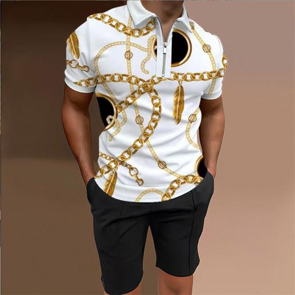 Polo gömlek iki parçalı yaz erkekler iş gündelik fermuar kısa kollu çizgili ekose tişört moda polo gömlek şort seti 220607