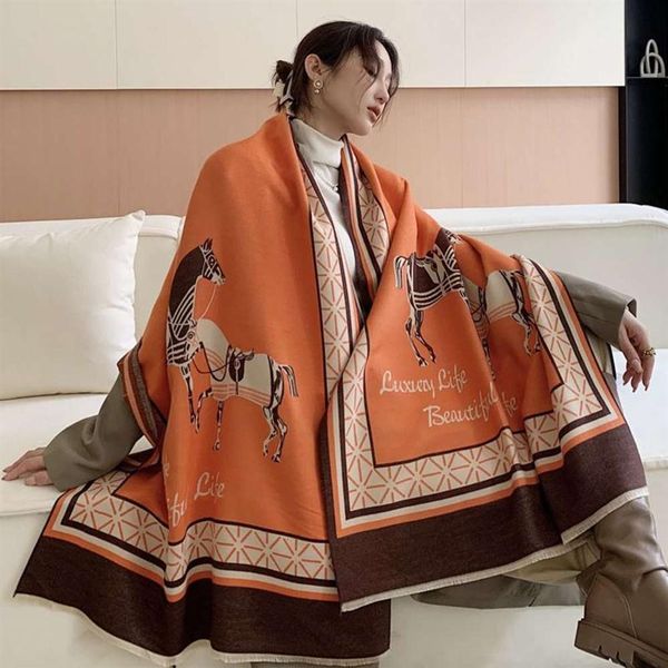 

designer 2021 women winter shawl cashmere luxury horse female fat shawls wraps pashmina bufanda blanket women's chair3083, Blue;gray
