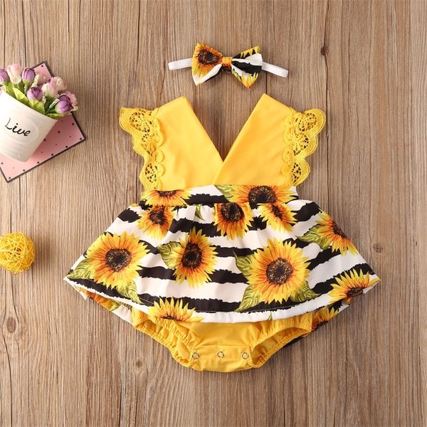 

born baby girl clothes lace ruffle sunflower print romper headband 2pcs summer sleeveless outfits sunsuit for 024months 220707, Blue