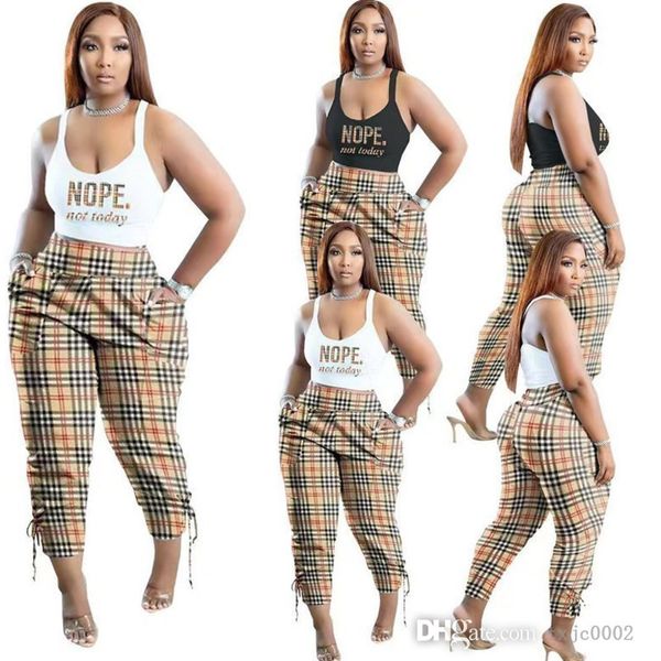 

plus size s- 5xl fashion plaid printed tracksuits two piece pants set crop tank clothing summer outfits streetwear for women, Black