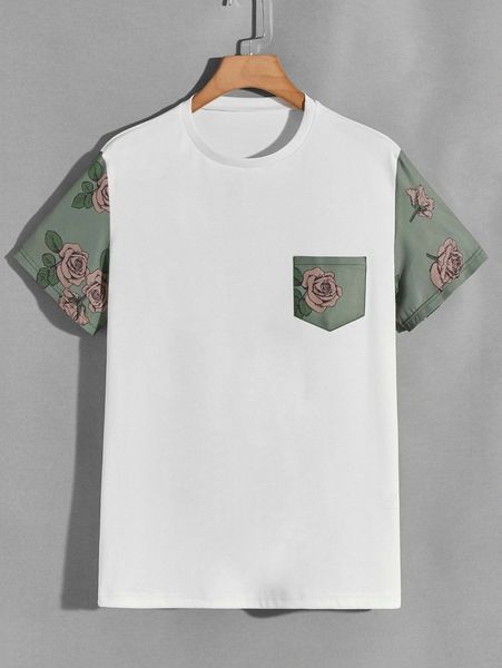 

men floral print patched pocket tee a9bj#, White;black