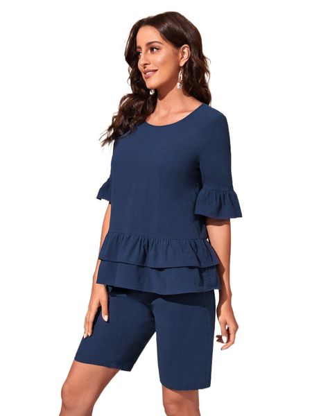 

emery rose flounce sleeve layered hem & shorts set l4fz#, White