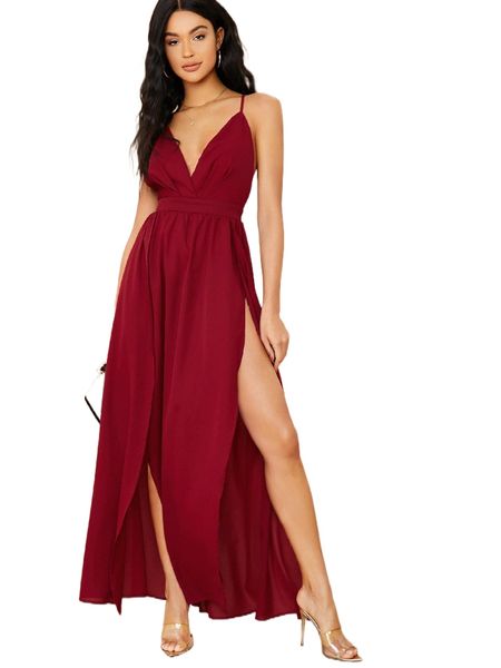 

surplice neck crisscross back split thigh dress o74i#, Black;gray