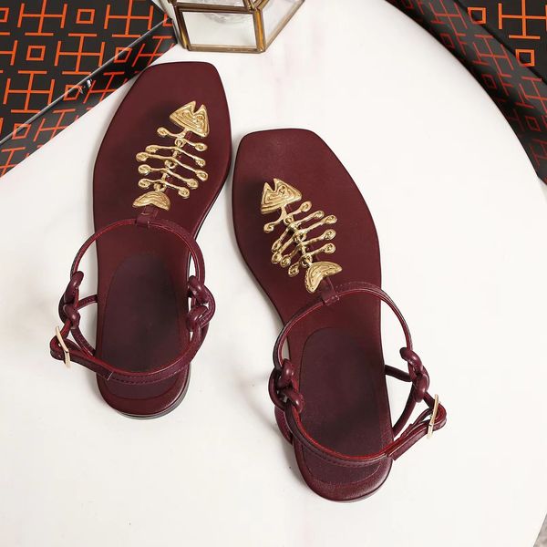 

sandals summer flat leather flip-flop gold fishbone design lady comfortable gladiator luxury women party dress shoes fashionadle andelegant, Black