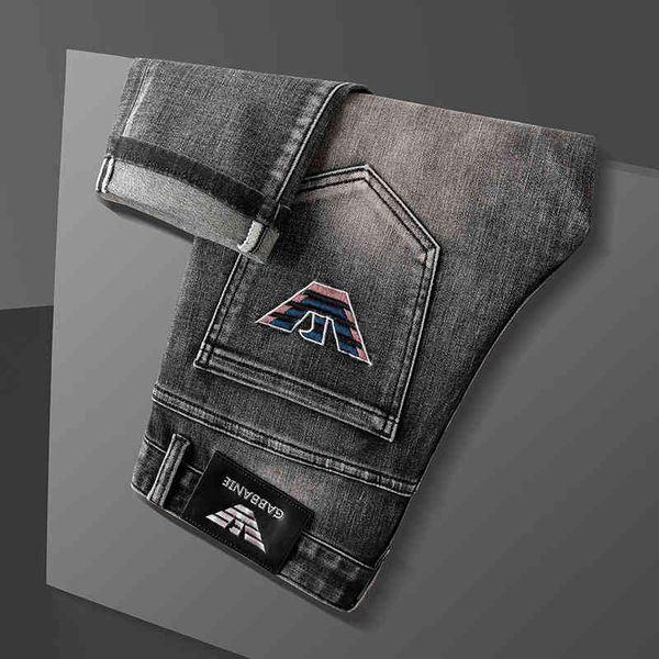 

chao brand embroidered smoke gray youth elastic slim fit jeans men's versatile casual cotton long pants, Blue