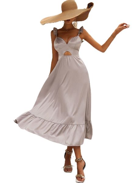 

bustier cut out front ruffle hem satin cami dress x9xv#, Black;gray