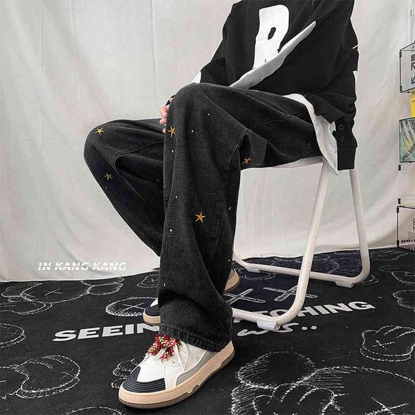 

fashion brand ins high street paint point jeans men's loose straight hiphop pants fashion casual floor mops, Blue