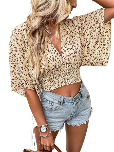 

ditsy floral batwing sleeve shirred blouse y3a4#, White