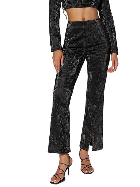 

jacquard slit hem pu leather flare leg pants z3v6#, Black;white