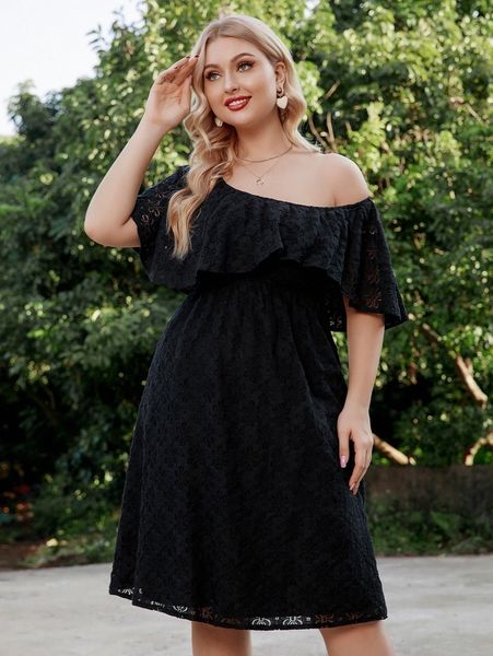 

plus asymmetrical neck ruffle trim lace dress c5su#, Black