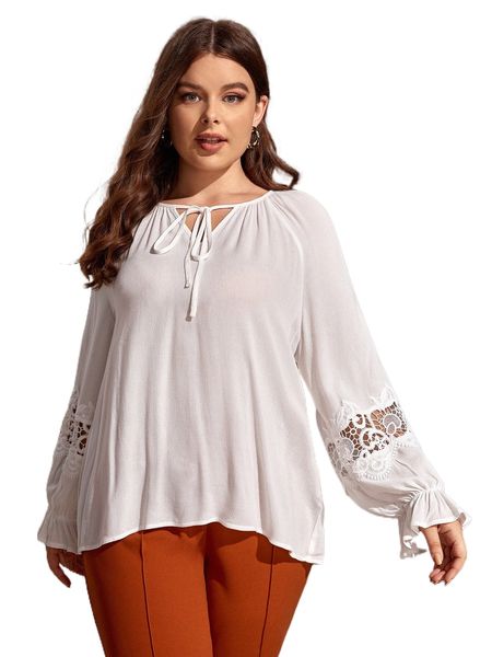 

plus tie neck guipure lace panel flounce sleeve blouse 53fp#, Black