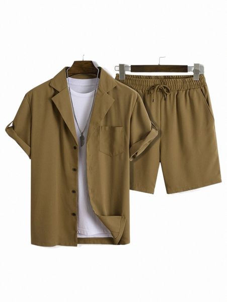

men solid pocket patched shirt & shorts without tee 23kl#, Gray